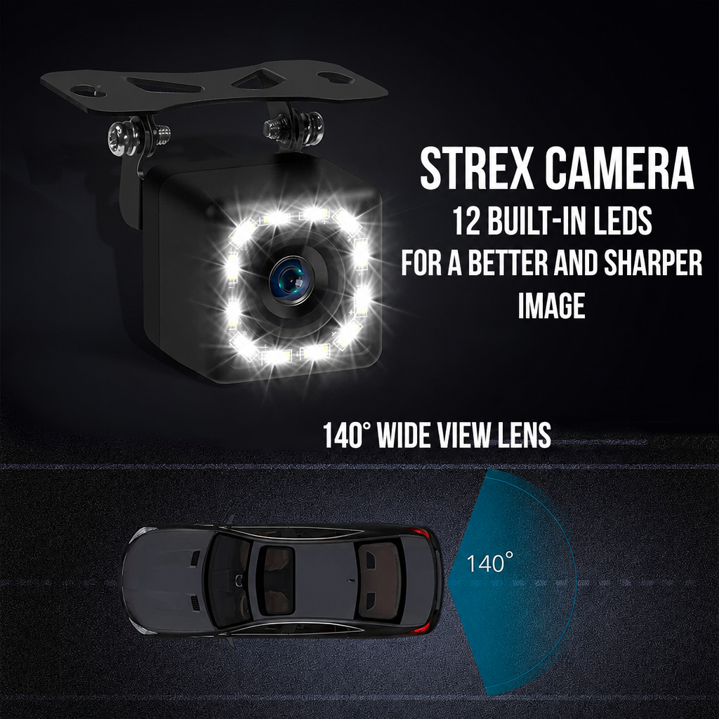 Een zwarte Strex achteruitrijcamera met 12 led's en een groothoeklens van 140 graden boven een auto.