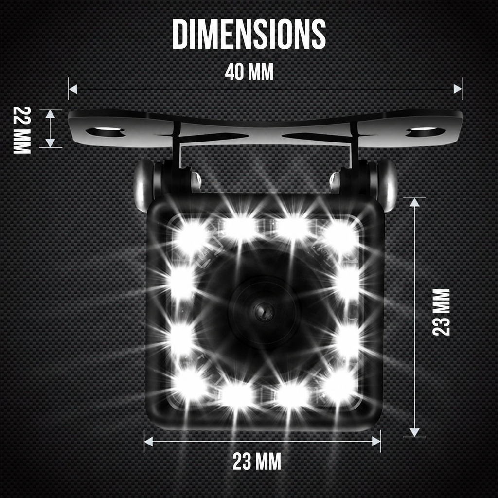 Technische tekening met afmetingen van een vierkante camera met twaalf heldere LEDs op een zwarte achtergrond.