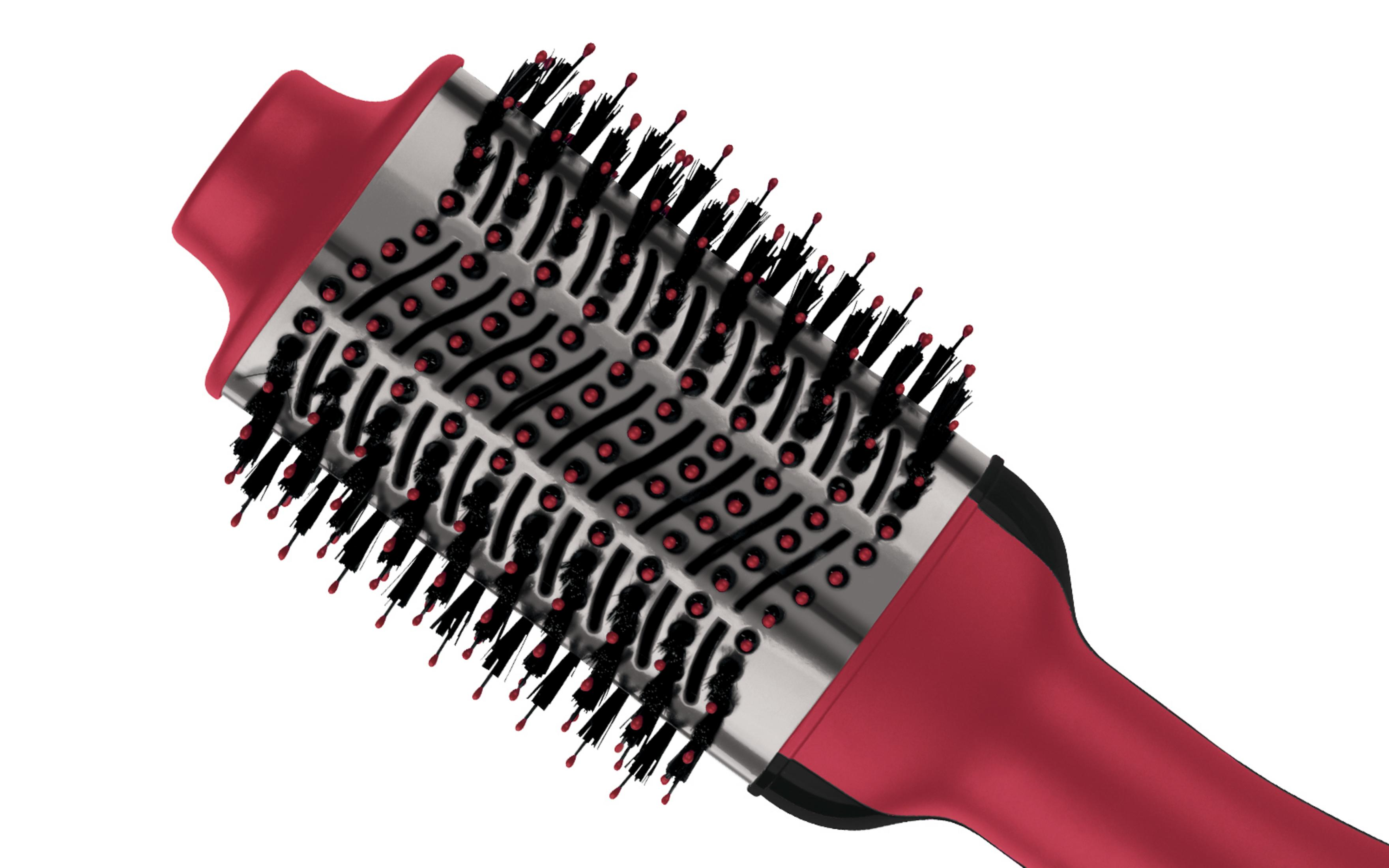 Un accessorio per spazzola per capelli rosso e argento con setole nere e punte rosse.