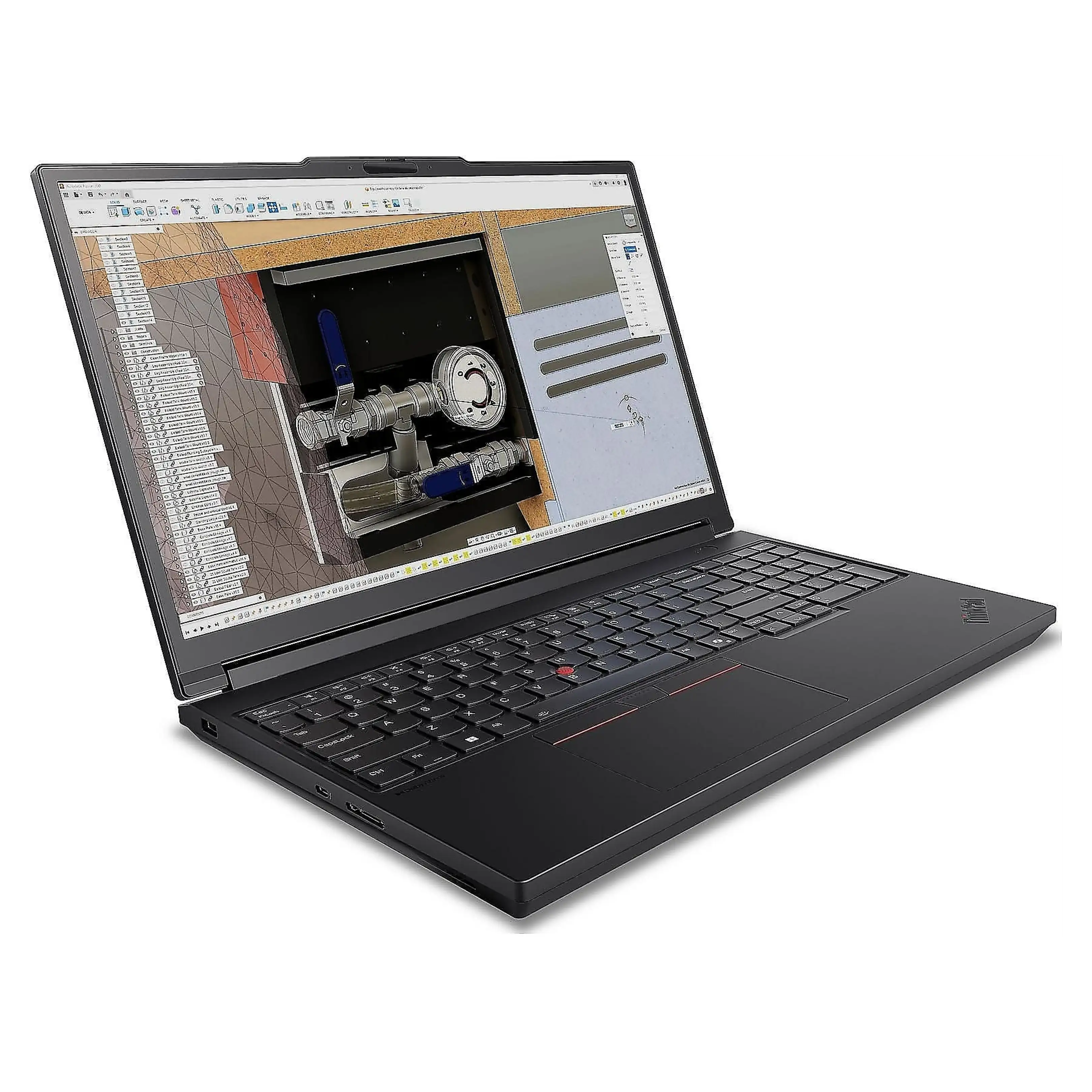 Un laptop nero mostra sullo schermo il design CAD 3D di un sistema di valvole meccaniche.