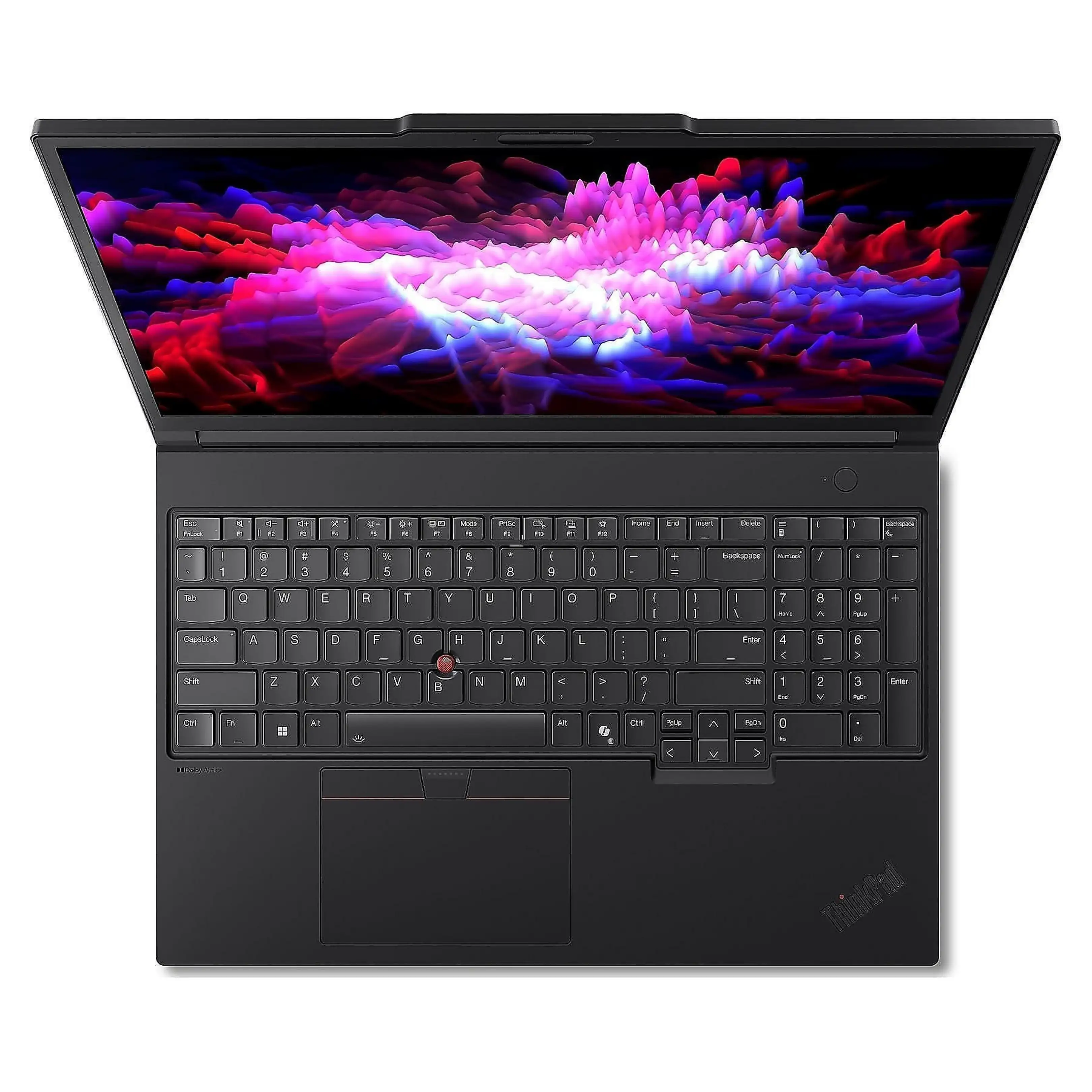Vista dall'alto di un laptop nero con schermo astratto colorato e TrackPoint rosso.