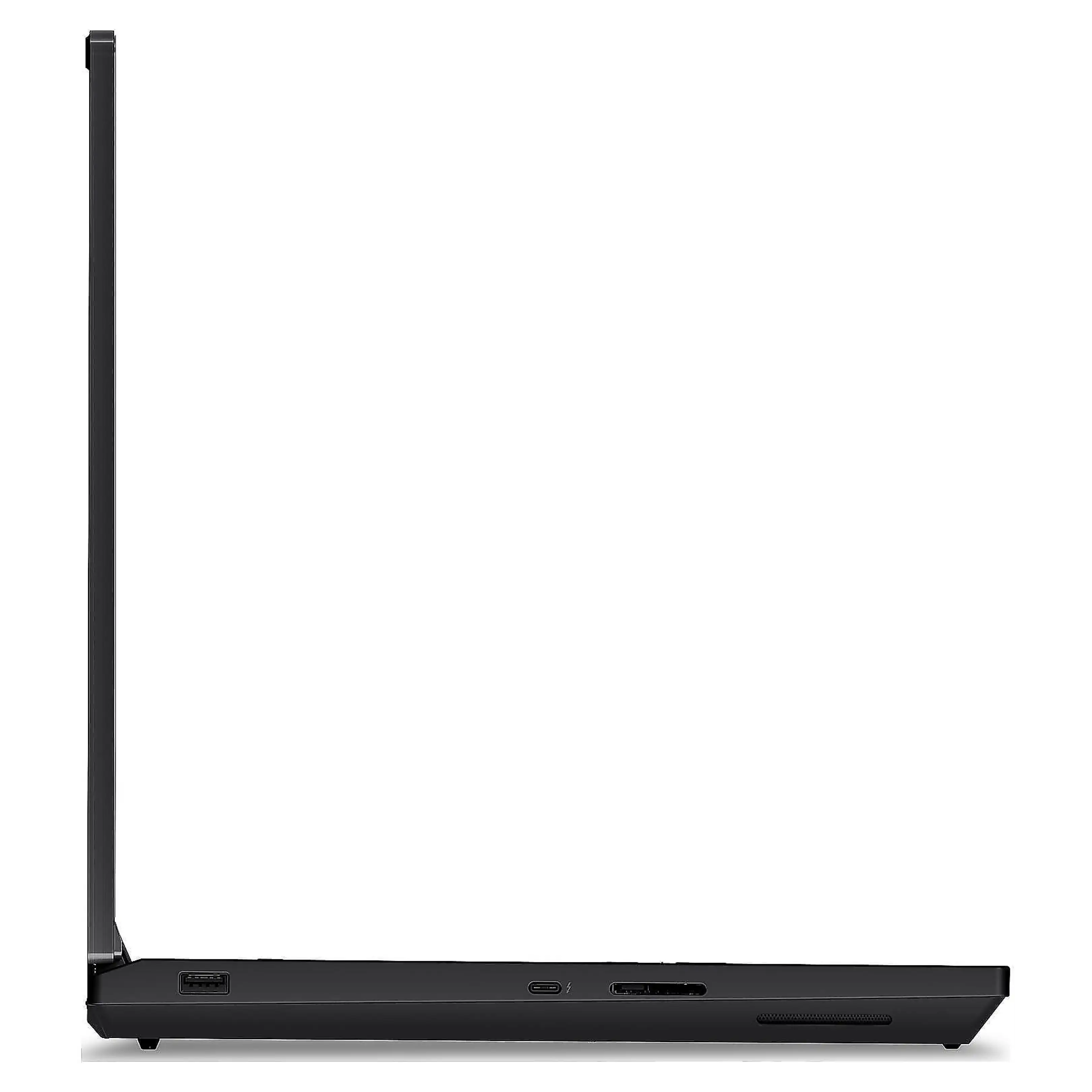 Vista laterale di un sottile laptop nero che mostra porte USB e USB-C su una superficie bianca.