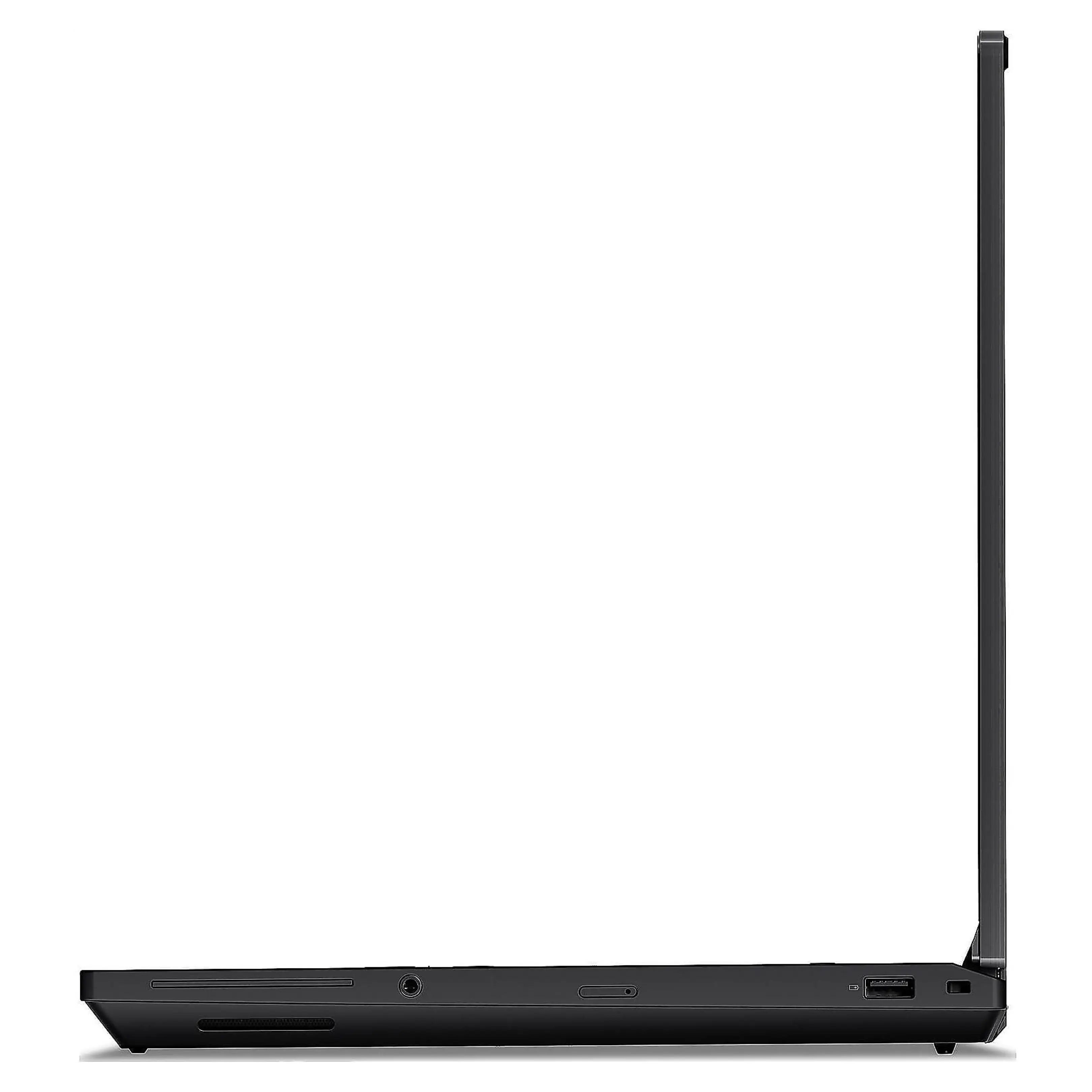 Vista laterale di un laptop nero che mostra porte e un profilo sottile su sfondo bianco.