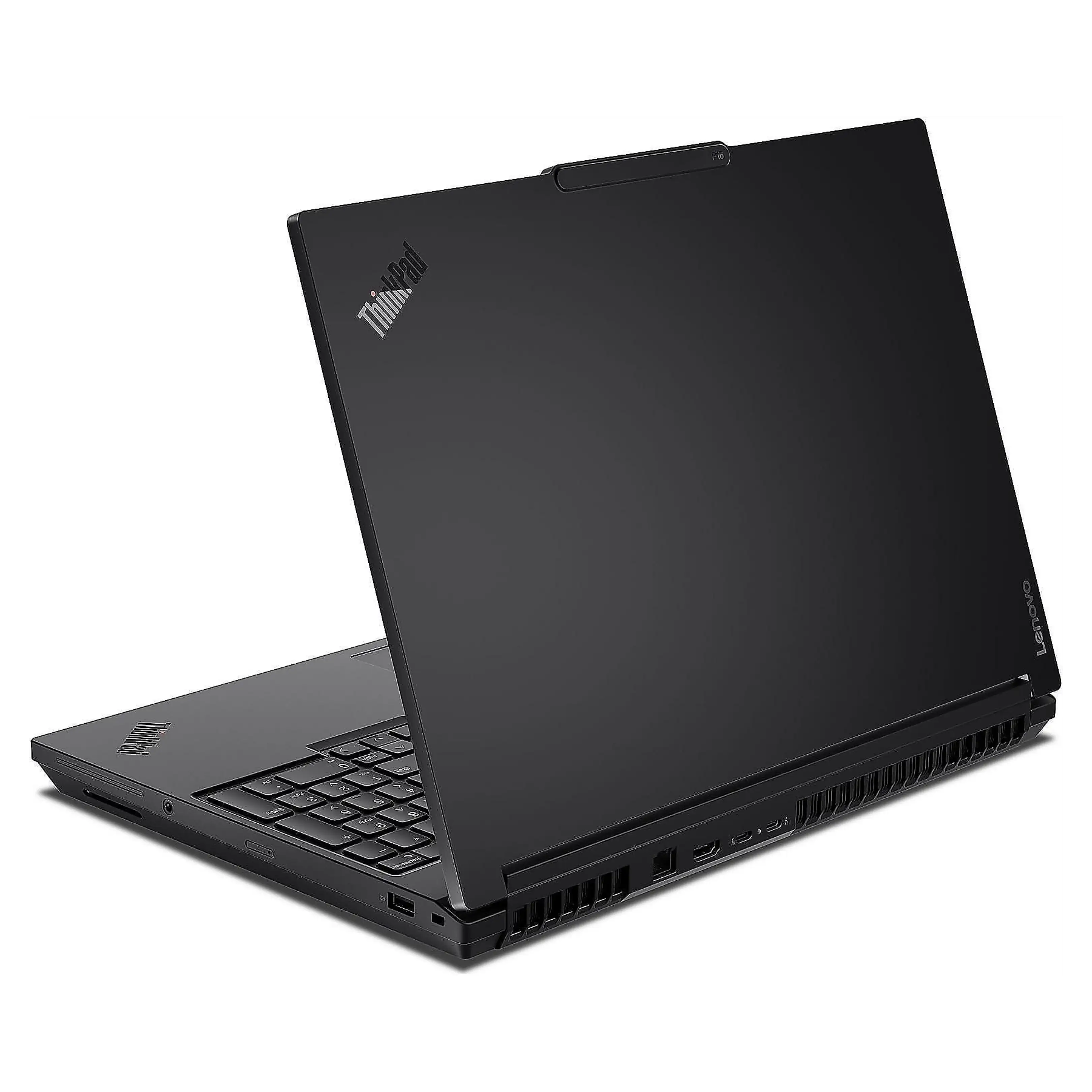 Un computer portatile Lenovo ThinkPad nero è mostrato da dietro su una superficie bianca.