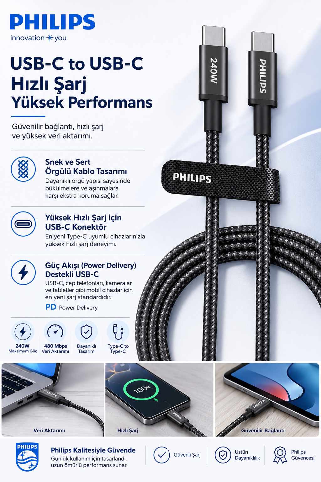 240W güç, örgülü tasarım, hızlı şarj ve veri aktarımı özellikli Philips USB-C - USB-C kablosu.