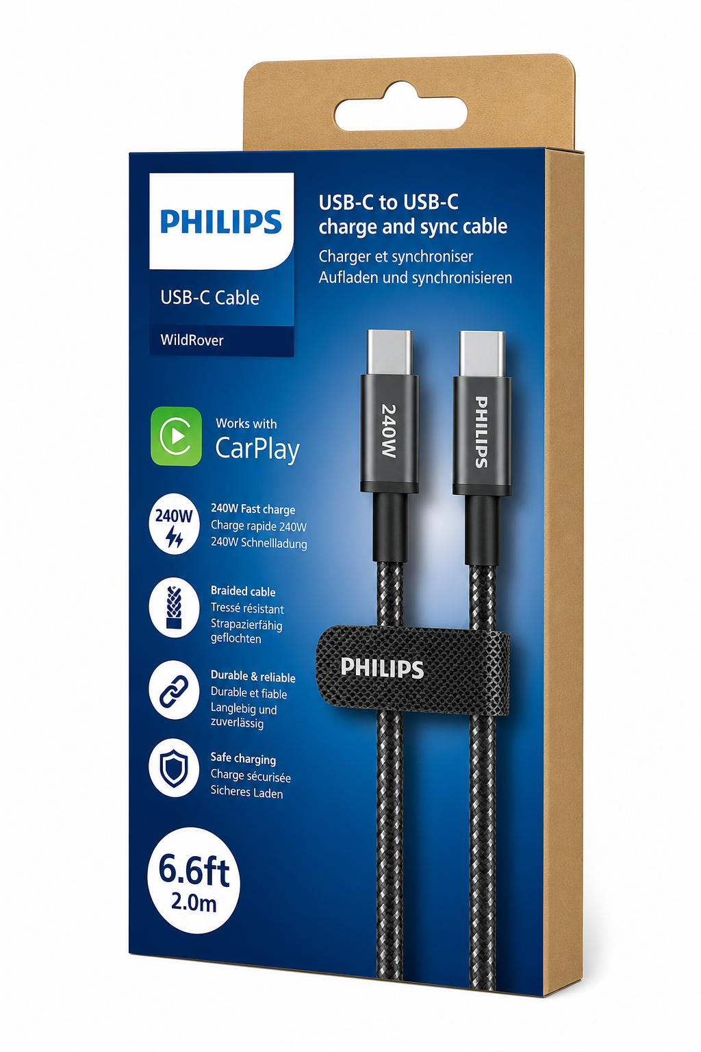 Kutuda Philips USB-C - USB-C şarj kablosu, 240W, örgü, 2m.
