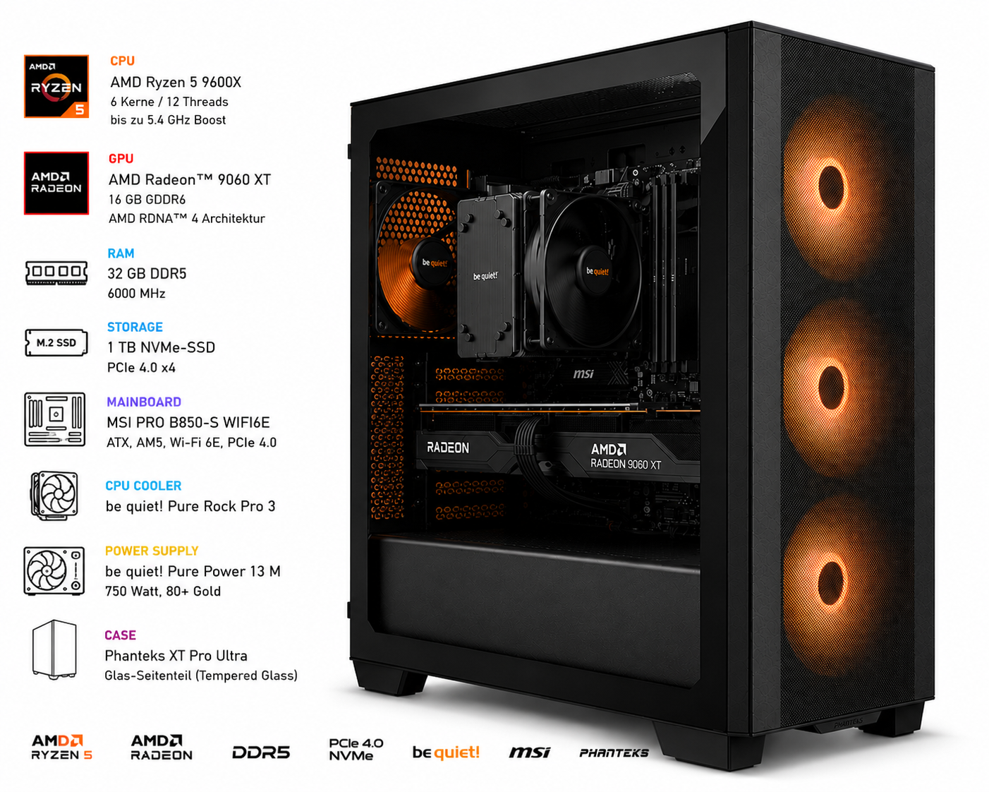 Gaming-PC mit Ryzen 5, Radeon GPU und leuchtenden Lüftern, daneben technische Spezifikationen.