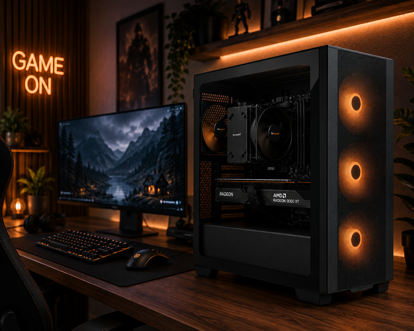 Ein Gaming-PC mit orangen LEDs steht auf einem Holztisch, neben einem Monitor mit Berglandschaft und einer Tastatur.