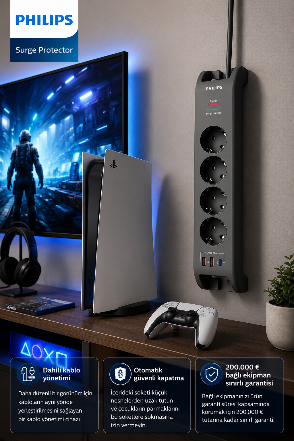 TV ve konsol yanında duvara monte Philips akım koruyucu.