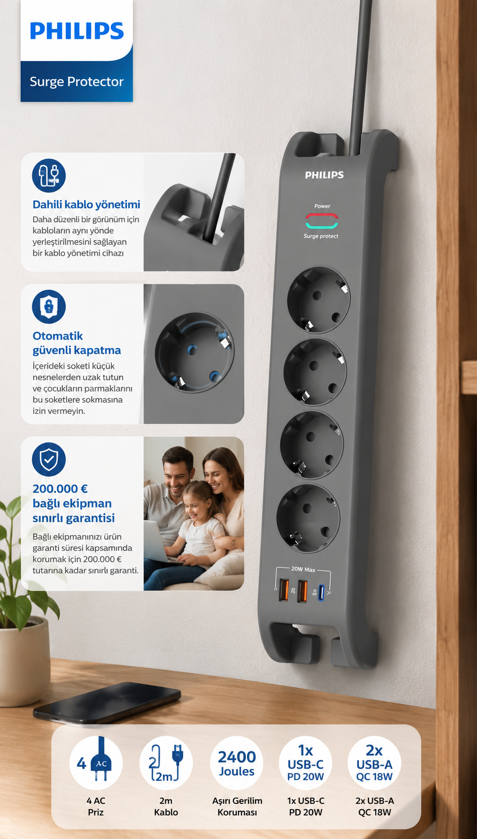 USB portlu, kablo yönetimli ve çocuk korumalı Philips aşırı gerilim korumalı priz.