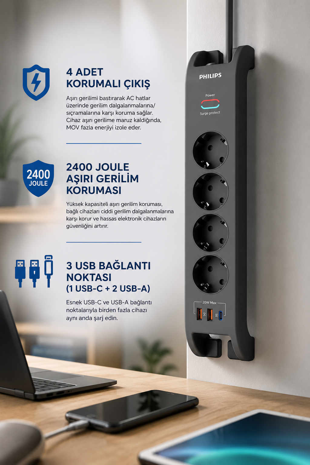Duvara monte edilmiş 4 prizli ve USB girişli siyah Philips akım korumalı priz, yanında özellik açıklamaları.