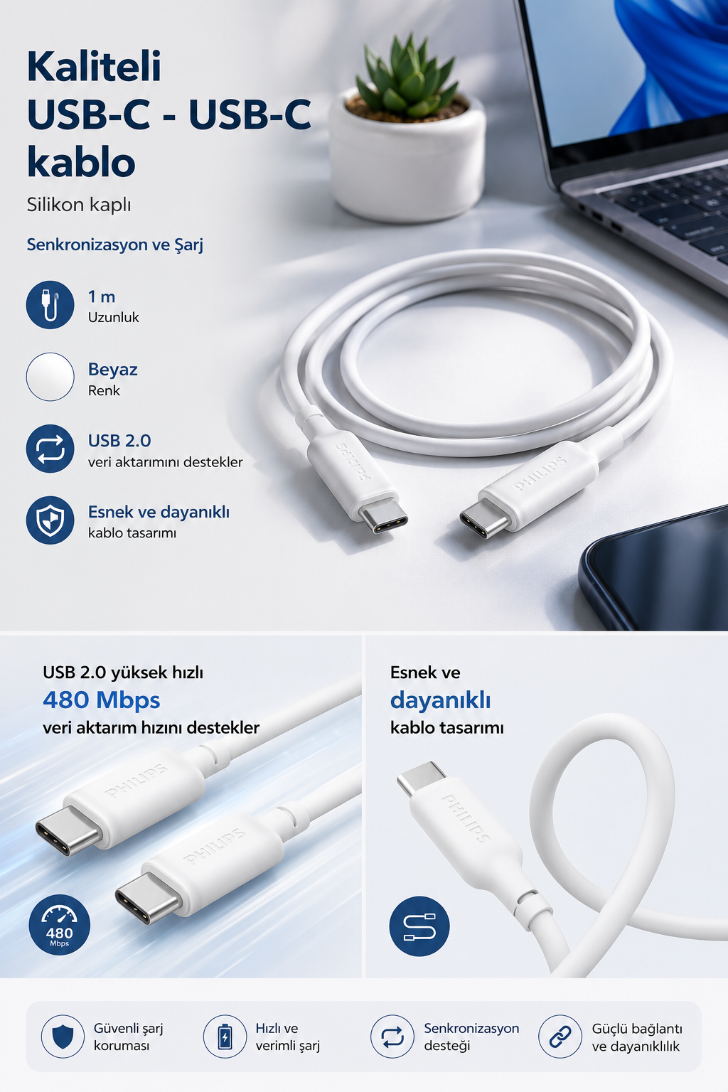 1m uzunluk, 480 Mbps hız ve esnek tasarımıyla beyaz silikon kaplı USB-C - USB-C kablo tanıtım görseli.