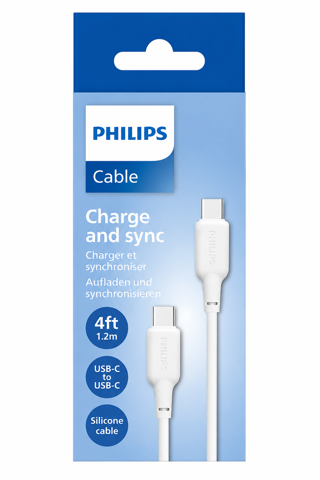 Mavi ambalaj içinde Philips USB-C - USB-C silikon şarj kablosu.