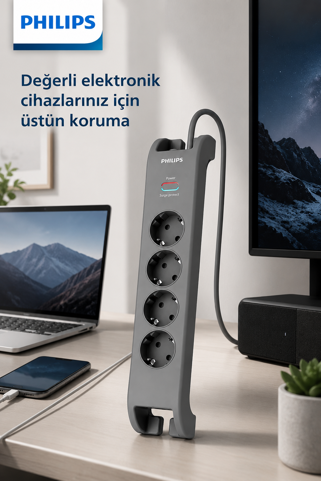 Masada dizüstü bilgisayar ve akıllı telefonun yanında gri bir Philips uzatma kablosu duruyor.