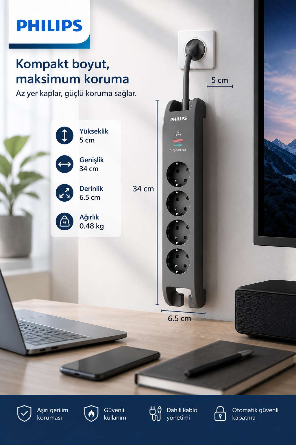 Duvara monte edilmiş gri Philips uzatma kablosu, boyutlar ve masada dizüstü bilgisayar.