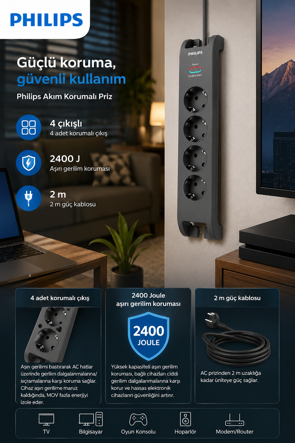 Dört çıkışlı, 2400J korumalı ve 2m kablolu koyu gri Philips akım korumalı priz.