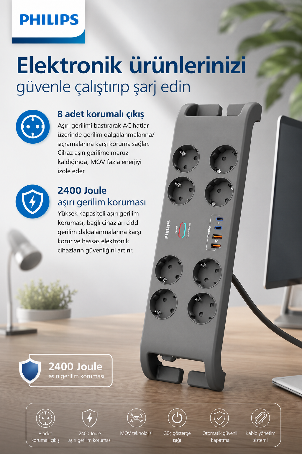 Sekiz çıkışlı ve USB portlu Philips akım korumalı priz, masa üzerinde metin ve simgelerle.