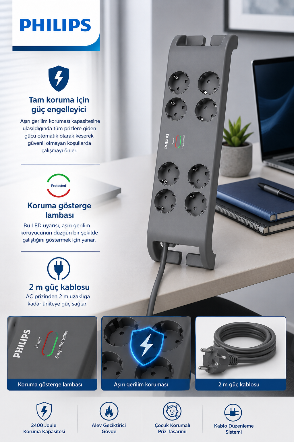 Masada sekiz prizli gri Philips uzatma kablosu, açıklayıcı metinler ve özellik grafikleriyle birlikte.