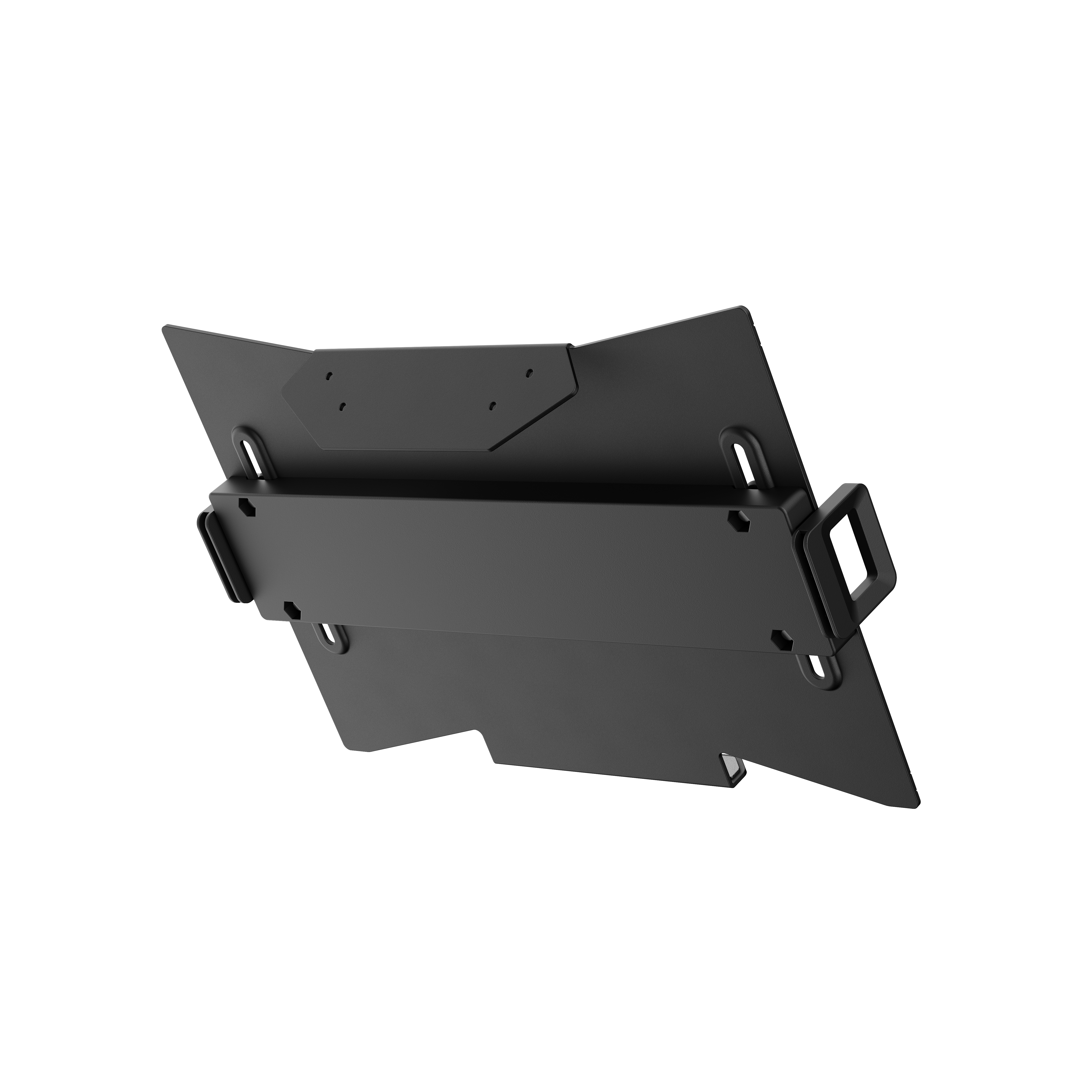 Beyaz arka plan üzerinde geometrik plakalar ve yuvalara sahip siyah metal montaj braketi.