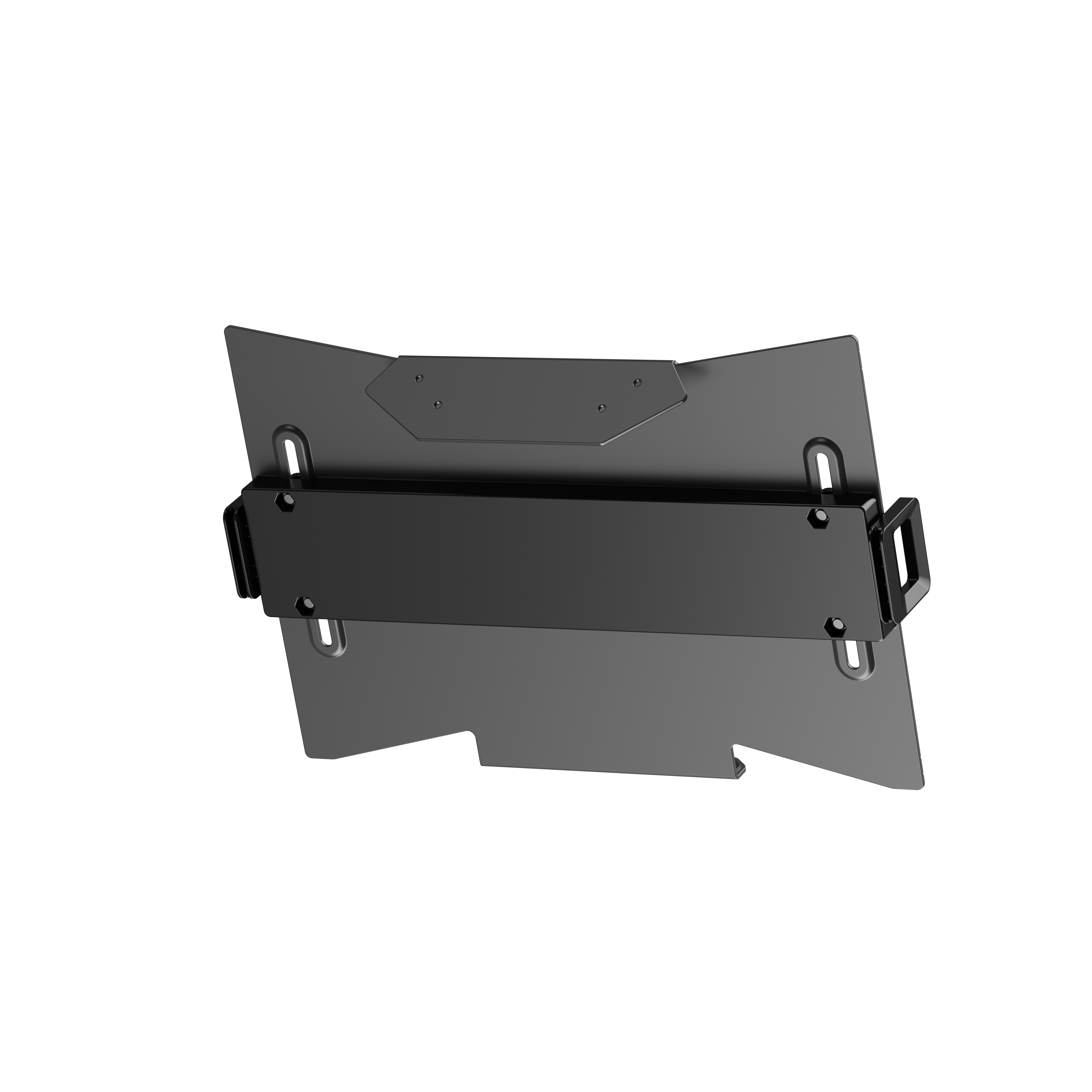 Beyaz arka planda dikdörtgen plakalı siyah metal duvar montaj braketi.