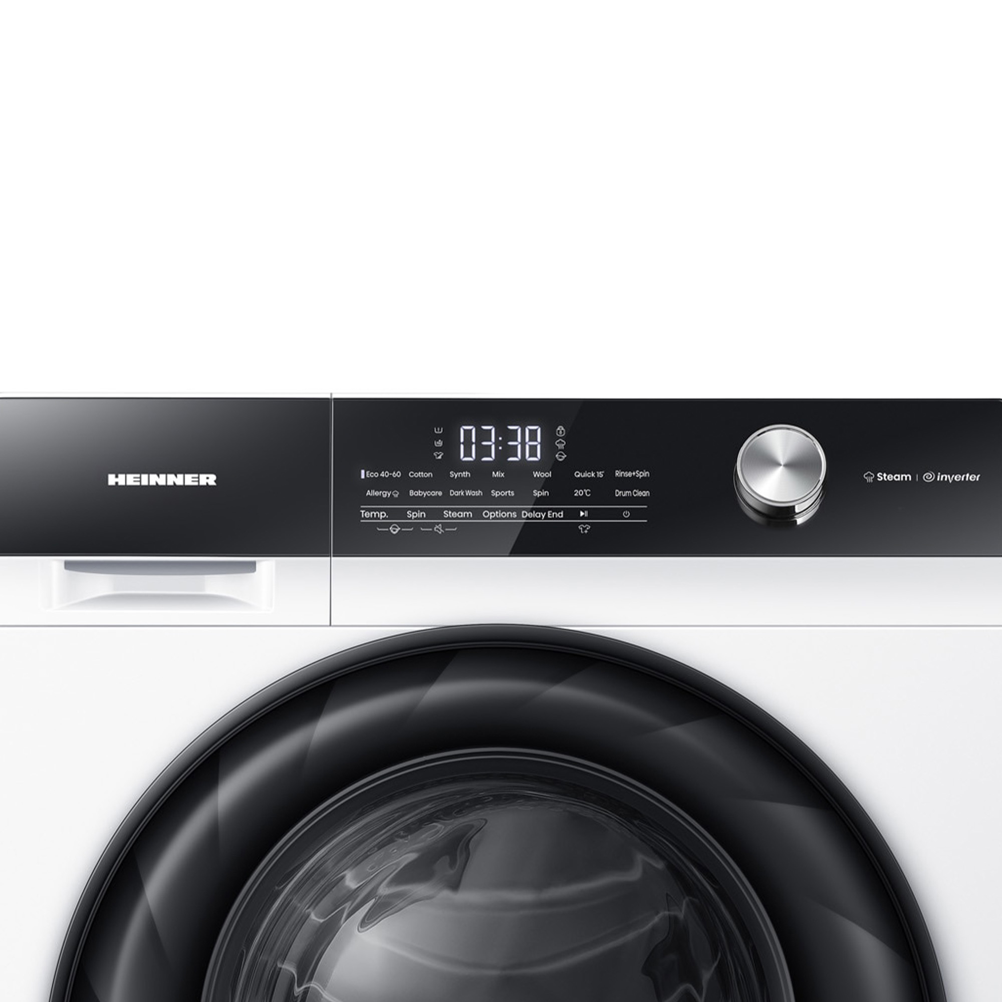 Vue de face d'un lave-linge blanc Heinner avec écran numérique, bouton argenté et porte en verre foncé.