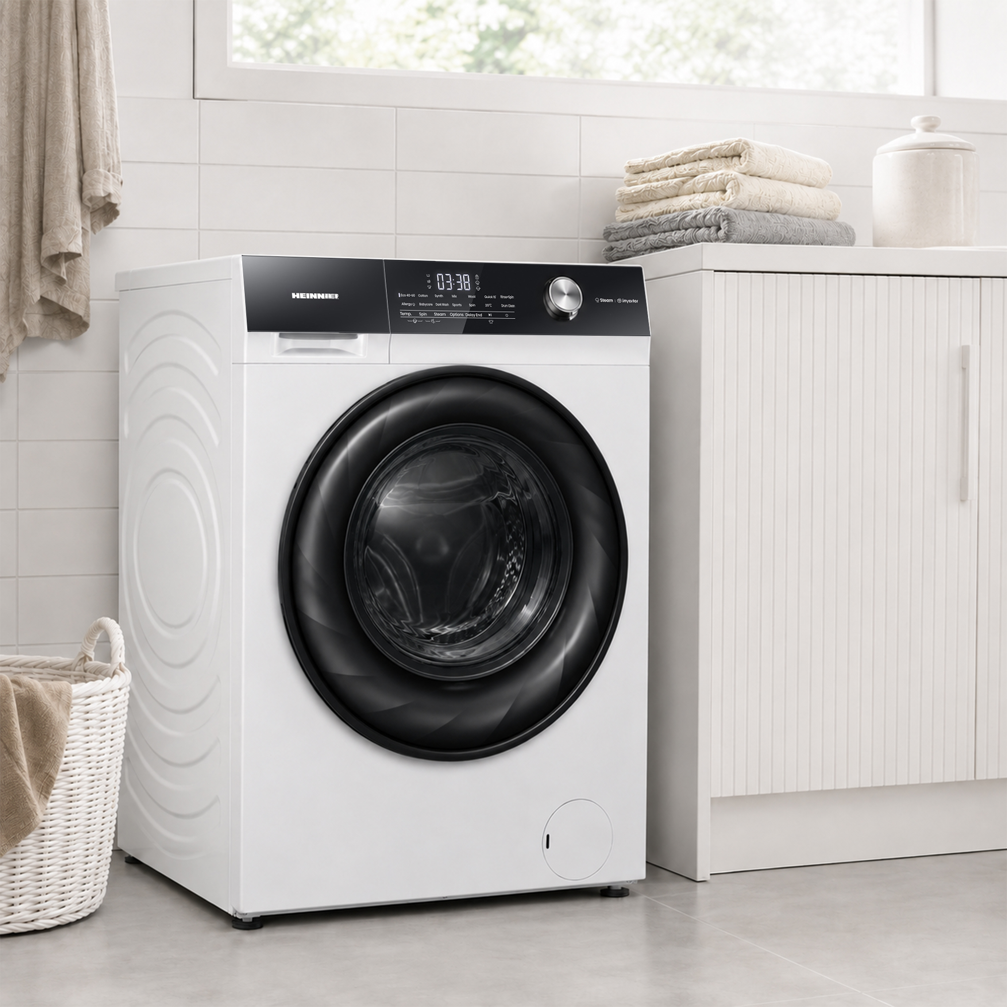 Un lave-linge blanc avec un panneau de commande noir et une porte vitrée ronde dans une salle de bain lumineuse.