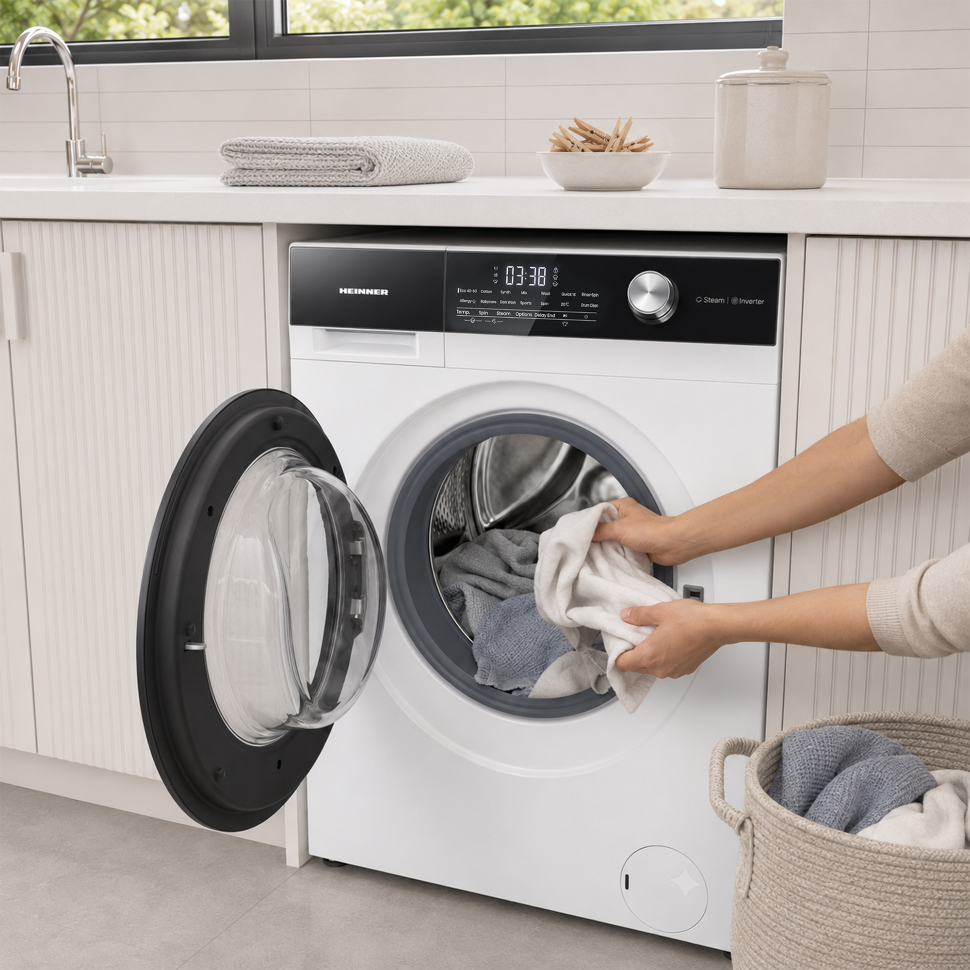 Une personne place du linge blanc dans un lave-linge blanc ouvert, avec un panier à proximité.