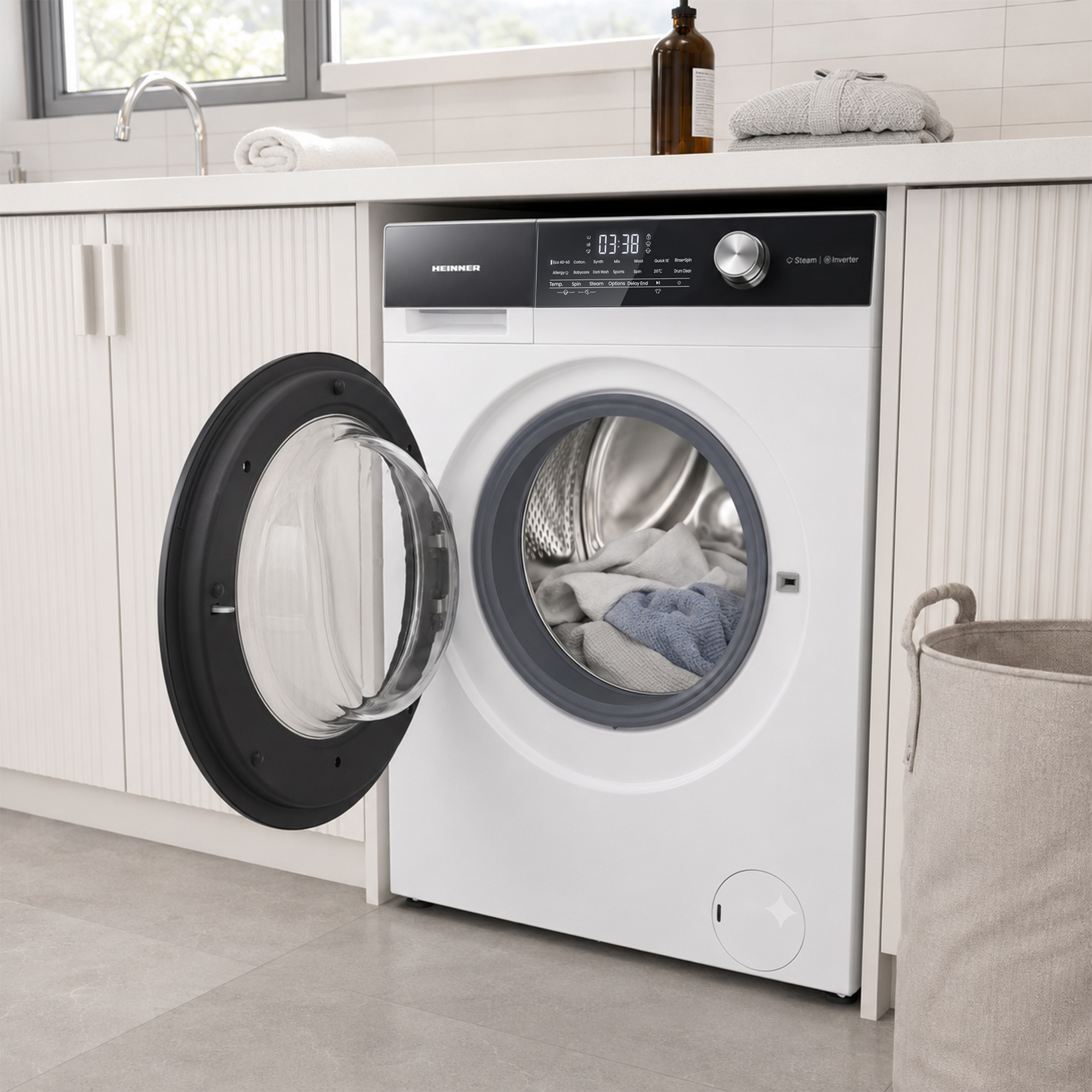 Un lave-linge blanc avec porte ouverte et du linge dans le tambour, encastré dans une cuisine blanche.