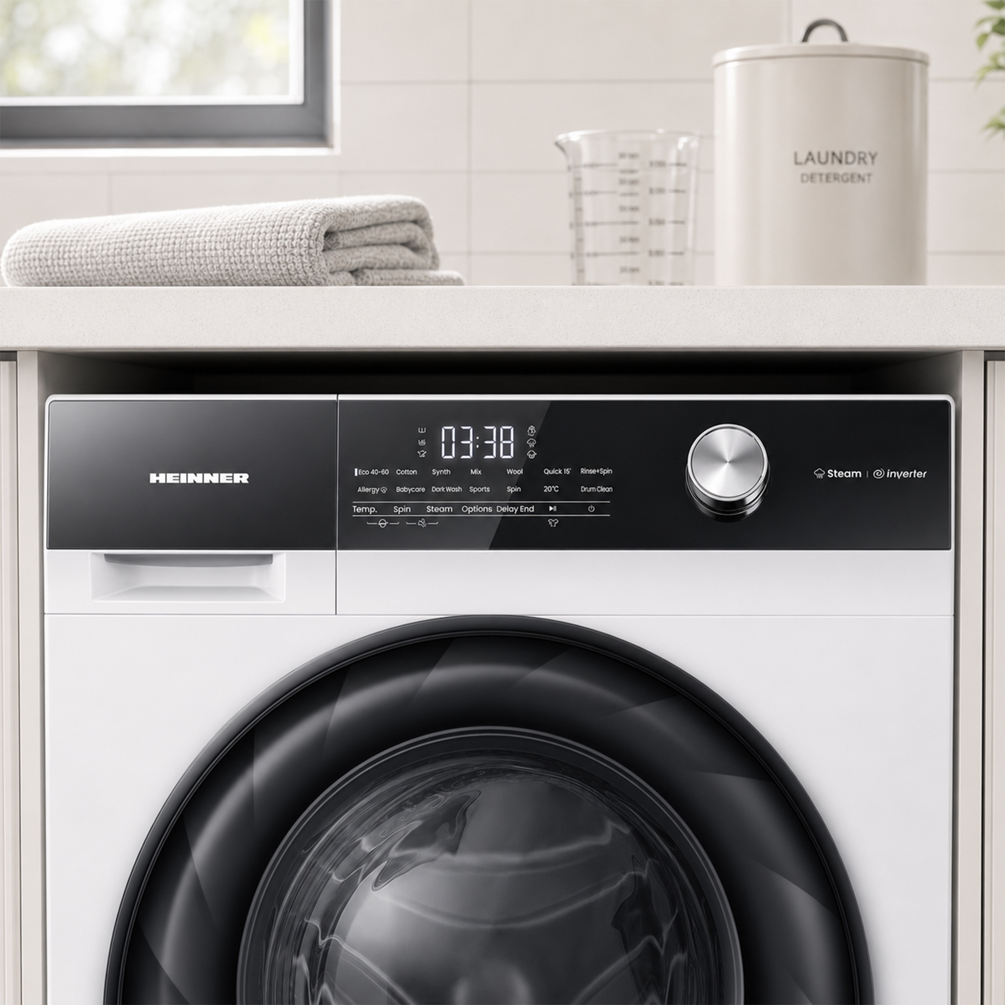 Lave-linge blanc Heinner sous un comptoir avec une serviette, de la lessive et un gobelet doseur.