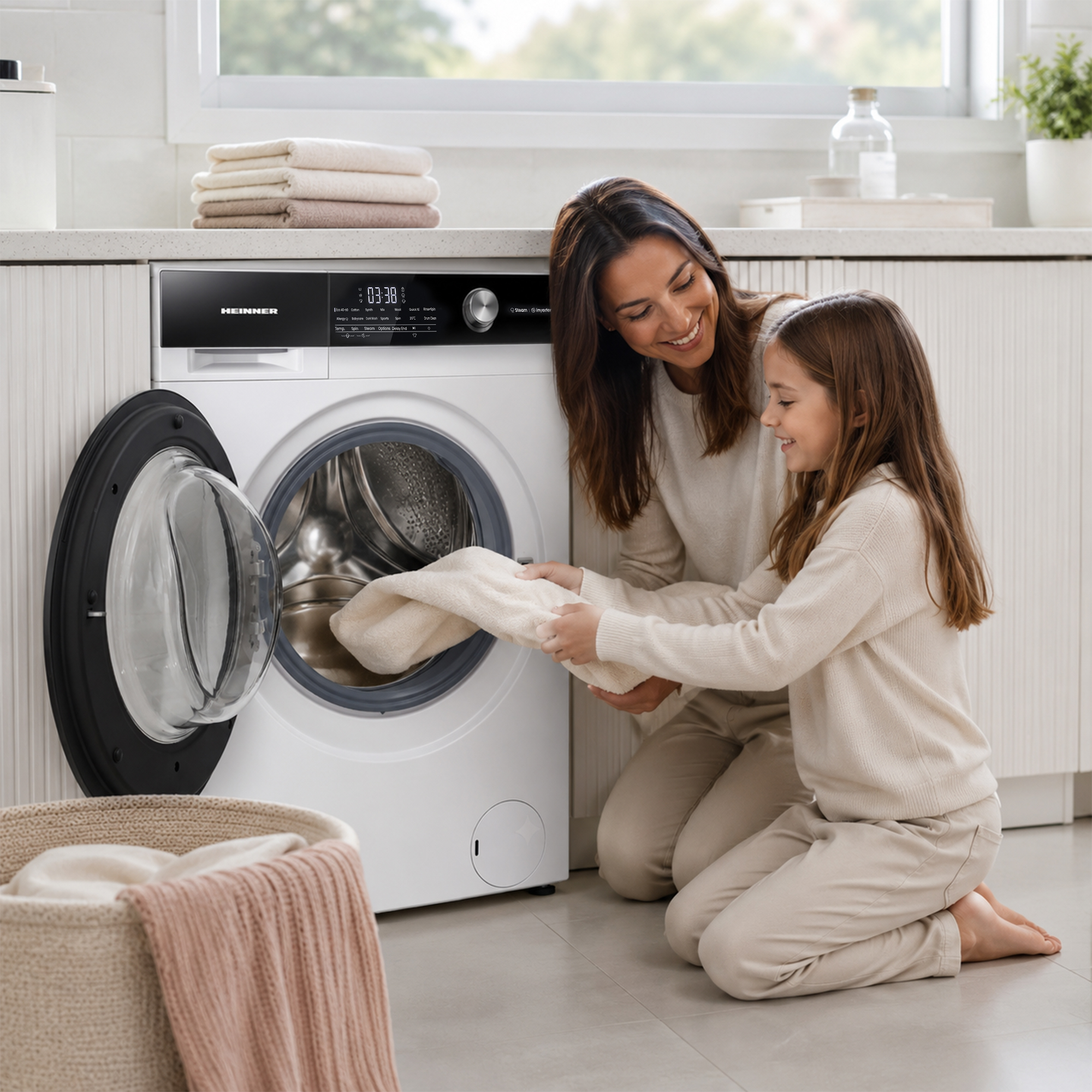 Une femme et une fillette chargent des serviettes dans un lave-linge blanc.
