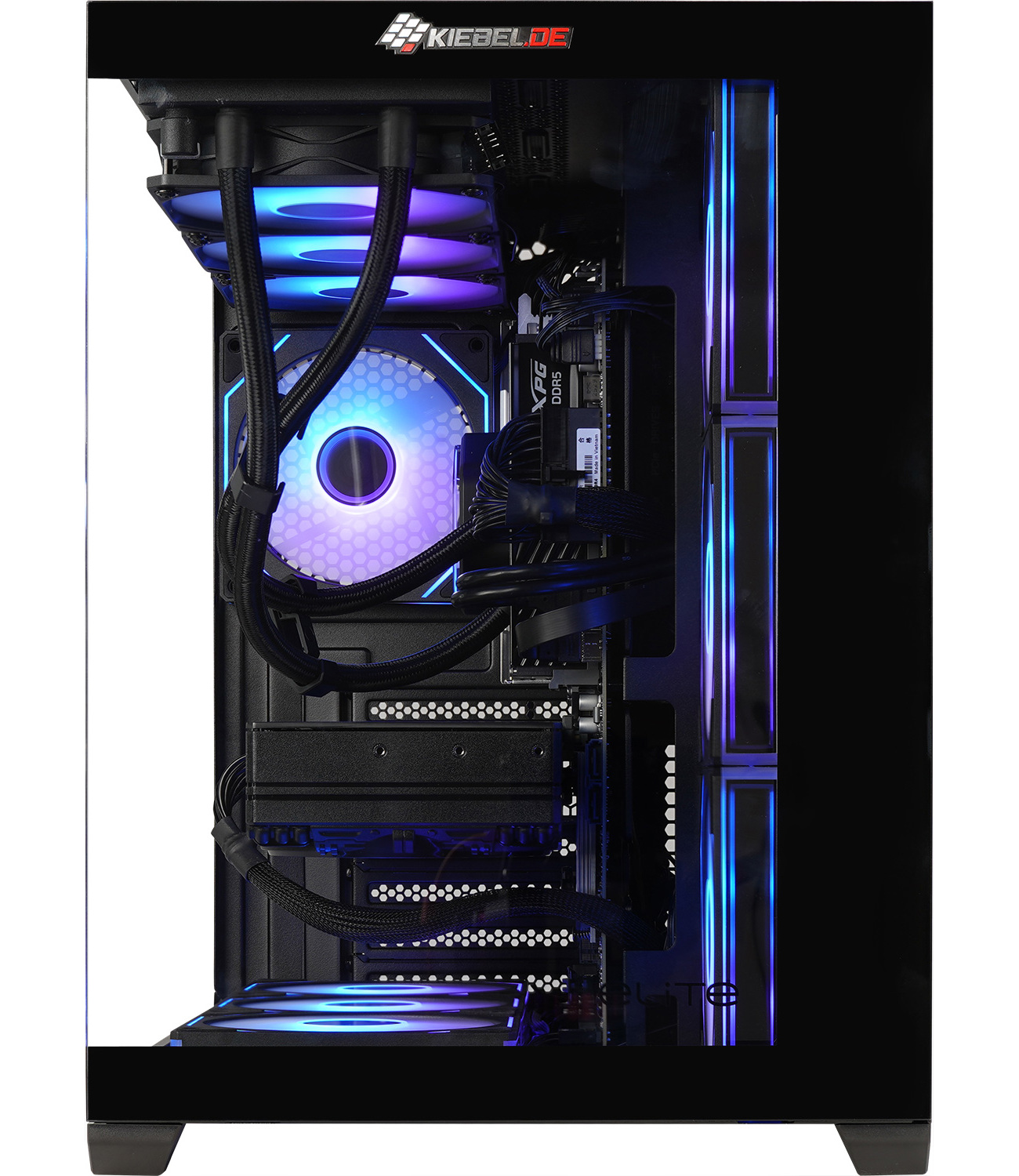 Vista interna di un case per PC con ventole RGB luminose blu e viola e cavi visibili.