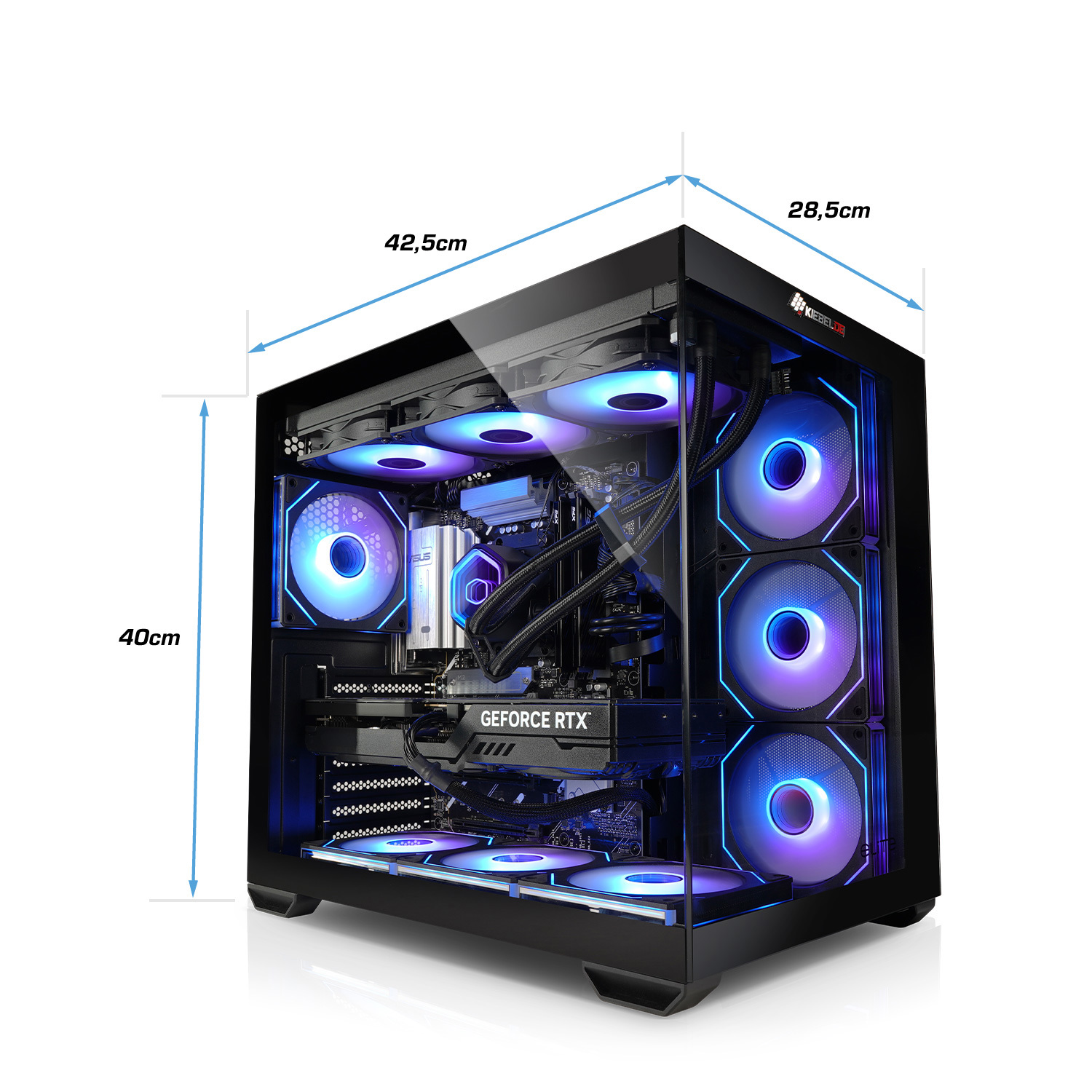 Case PC nero con ventole illuminate e dimensioni: 40 cm di altezza, 42,5 cm di lunghezza, 28,5 cm di larghezza.
