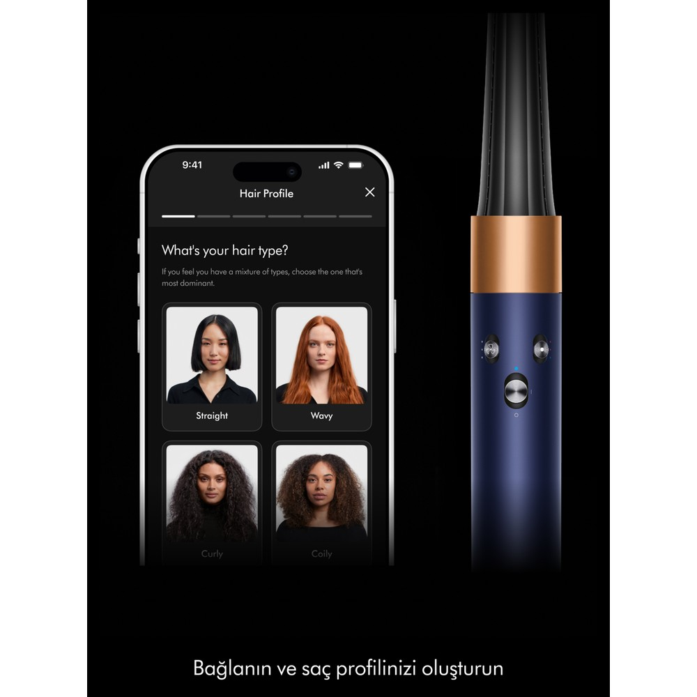 Uno smartphone con un'app per il profilo dei capelli accanto a uno strumento per lo styling.