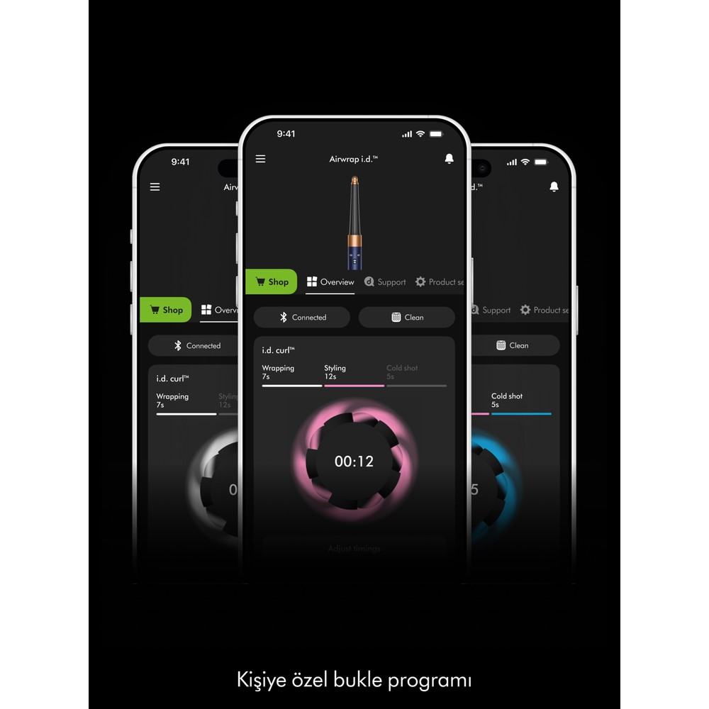 Tre smartphone mostrano un'app di acconciatura con una grafica a spirale rosa.