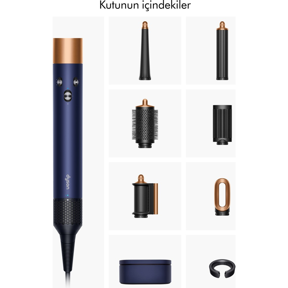 Styling per capelli Dyson blu mostrato con vari accessori.