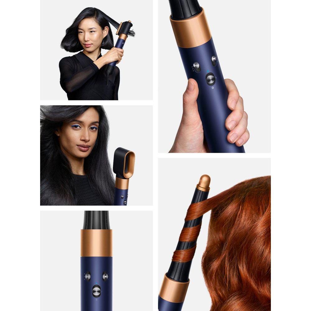 Collage che mostra una donna che modella i capelli neri, i controlli di uno styler blu e ricci rossi.