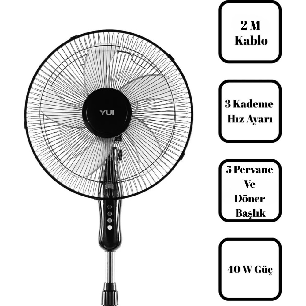 Beyaz arka planda özelliklerini belirten 4 metin kutusu, 5 pervane, 3 hız, 40W güç ve Yui marka siyah ayaklı vantilatör.