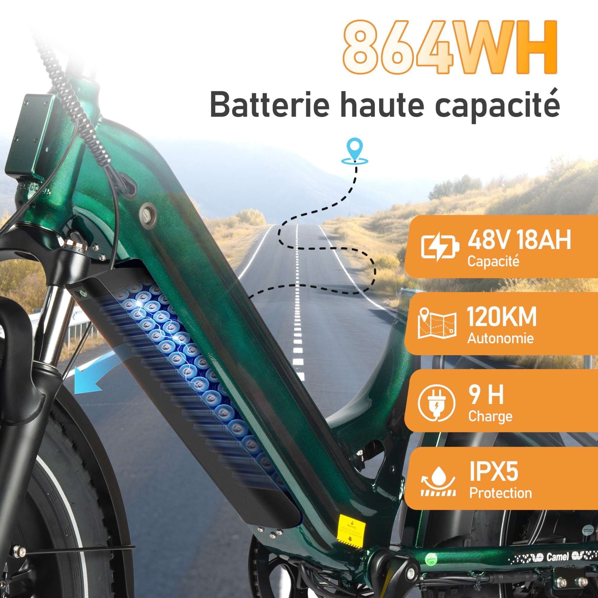 Zielony rower elektryczny pokazuje baterię, pojemność 48V, zasięg 120km i ochronę IPX5.