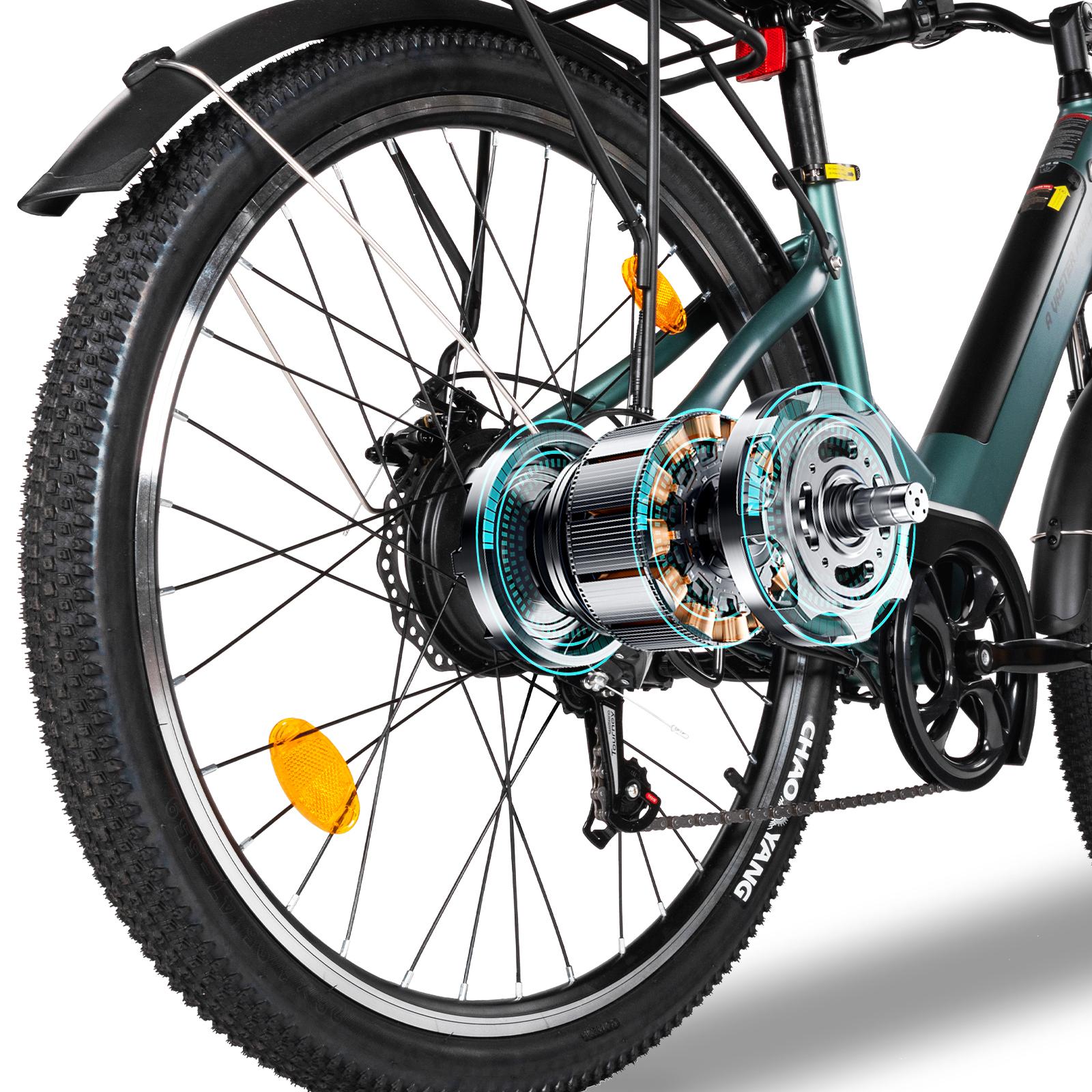 Un dettagliato motore per mozzo di e-bike è mostrato con anelli grafici blu.