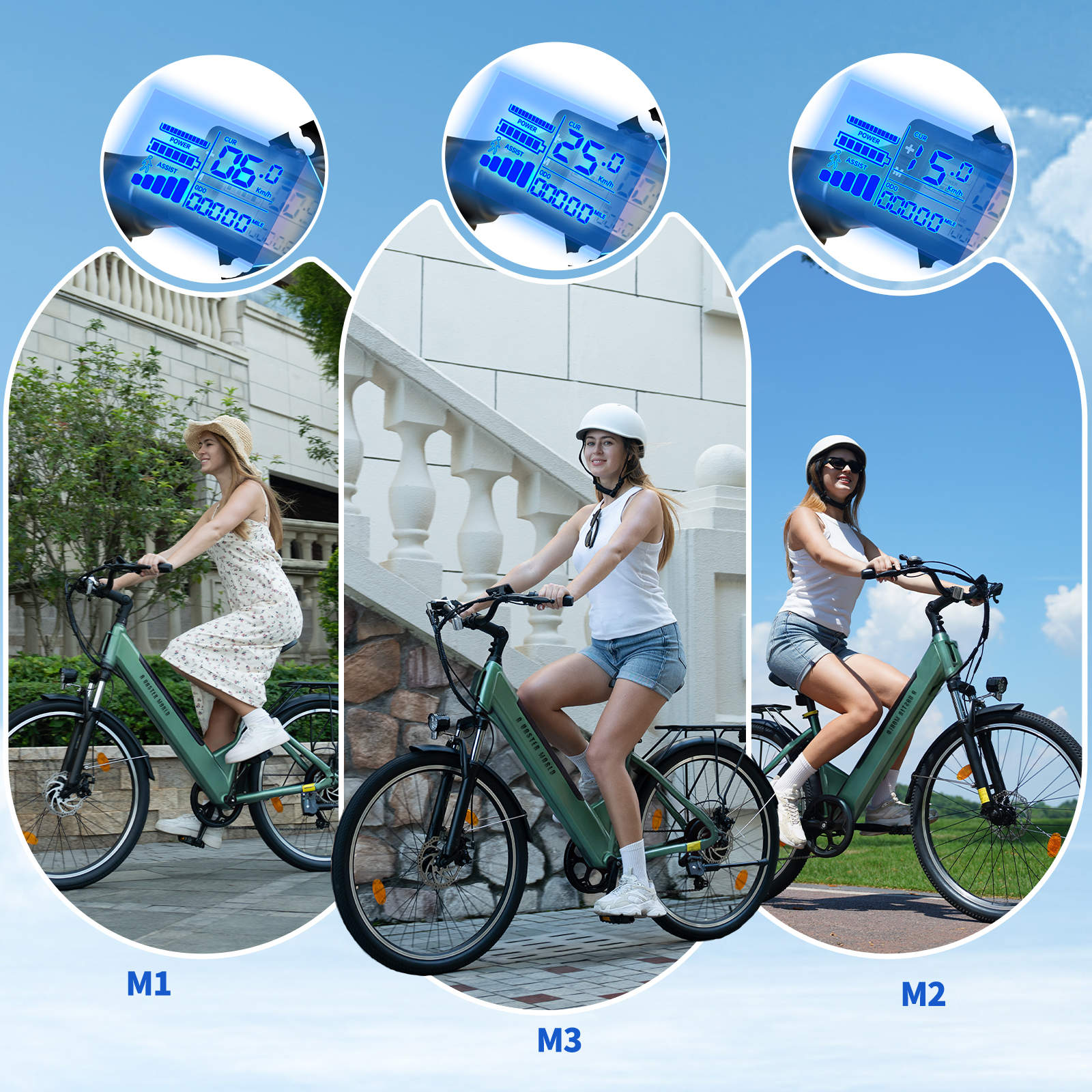 Tre immagini di donne in e-bike con display blu e sfondi differenti.