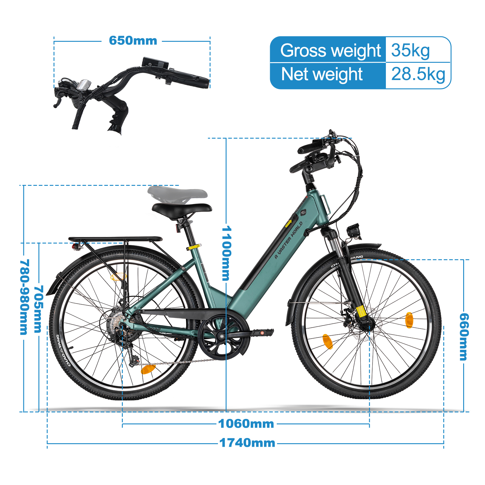 Schema tecnico che mostra una bicicletta elettrica verde acqua con dimensioni, peso e dettagli del manubrio.