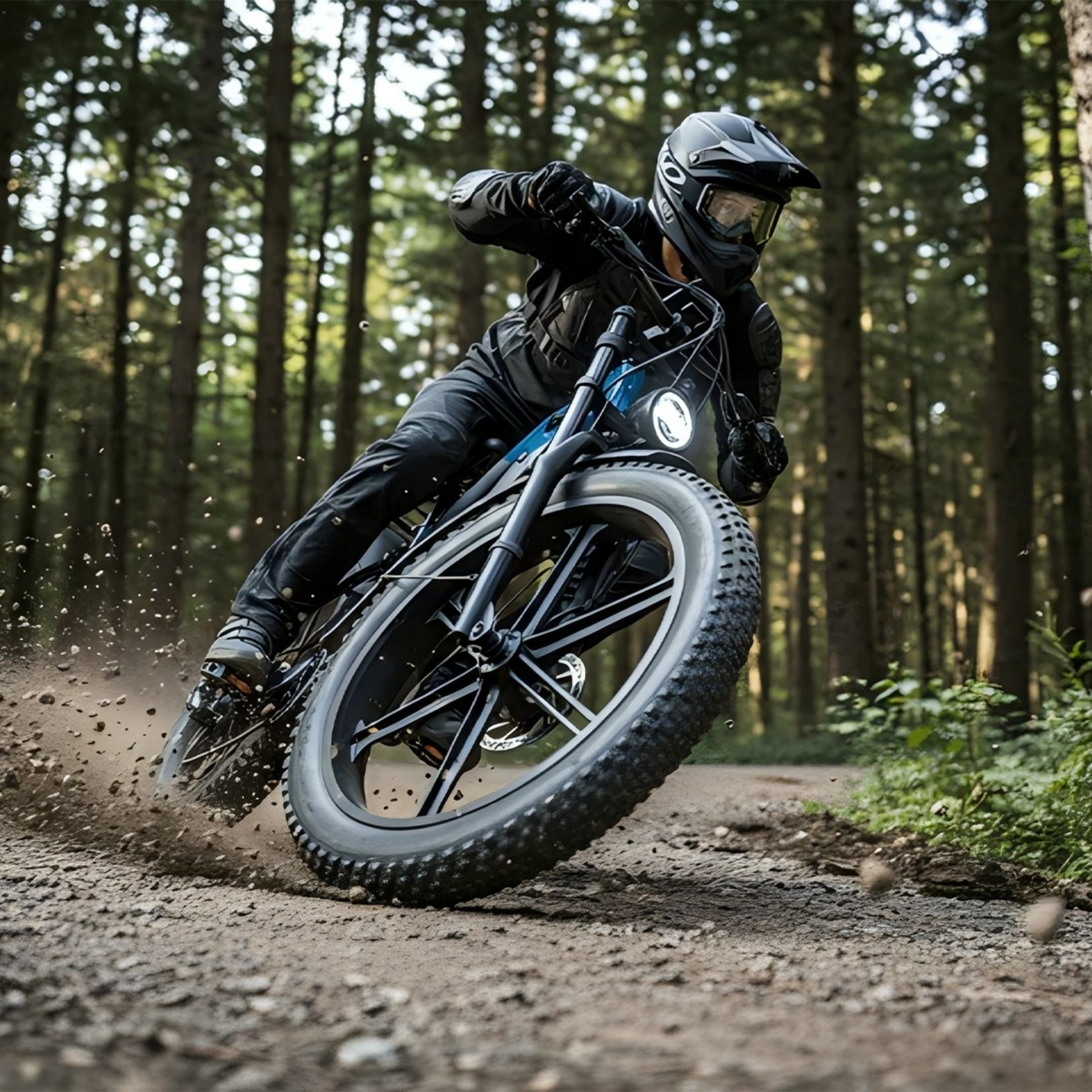 Motocyklista ostro skręca w lesie, wzbijając w powietrze kurz i żwir.