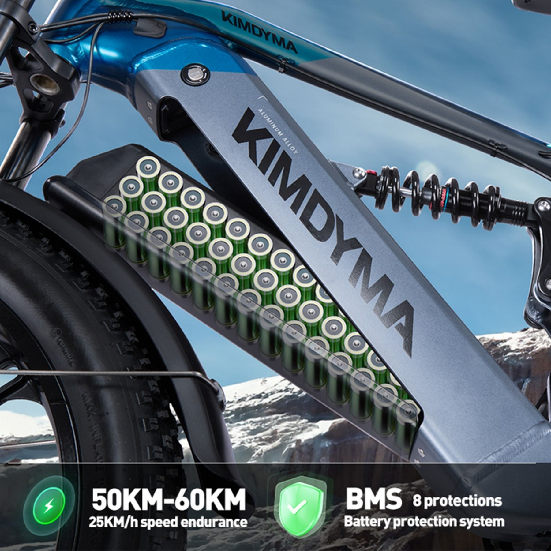 Rama e-roweru KIMDYMA z przezroczystą komorą baterii pokazującą zielone cylindryczne ogniwa.