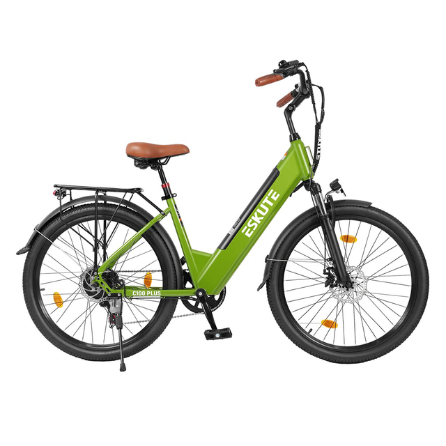 Zielony rower elektryczny Eskute C100 Plus z brązowym siodełkiem, bagażnikiem i czarnymi oponami.