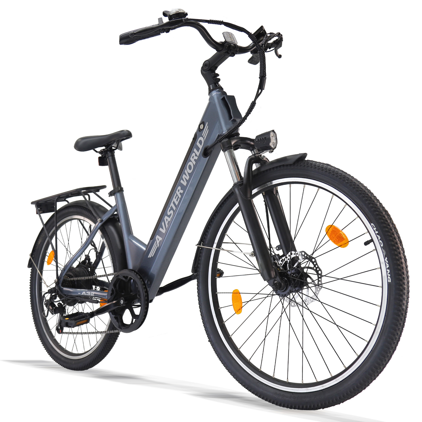 Una bicicletta elettrica Vaster World grigia su sfondo bianco, con batteria integrata e portapacchi posteriore.