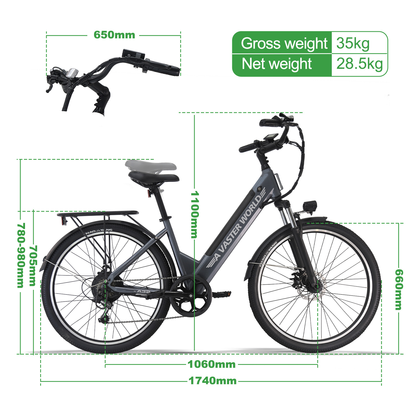 Schema tecnico di una bicicletta elettrica grigia con dimensioni, pesi e primo piano del manubrio.