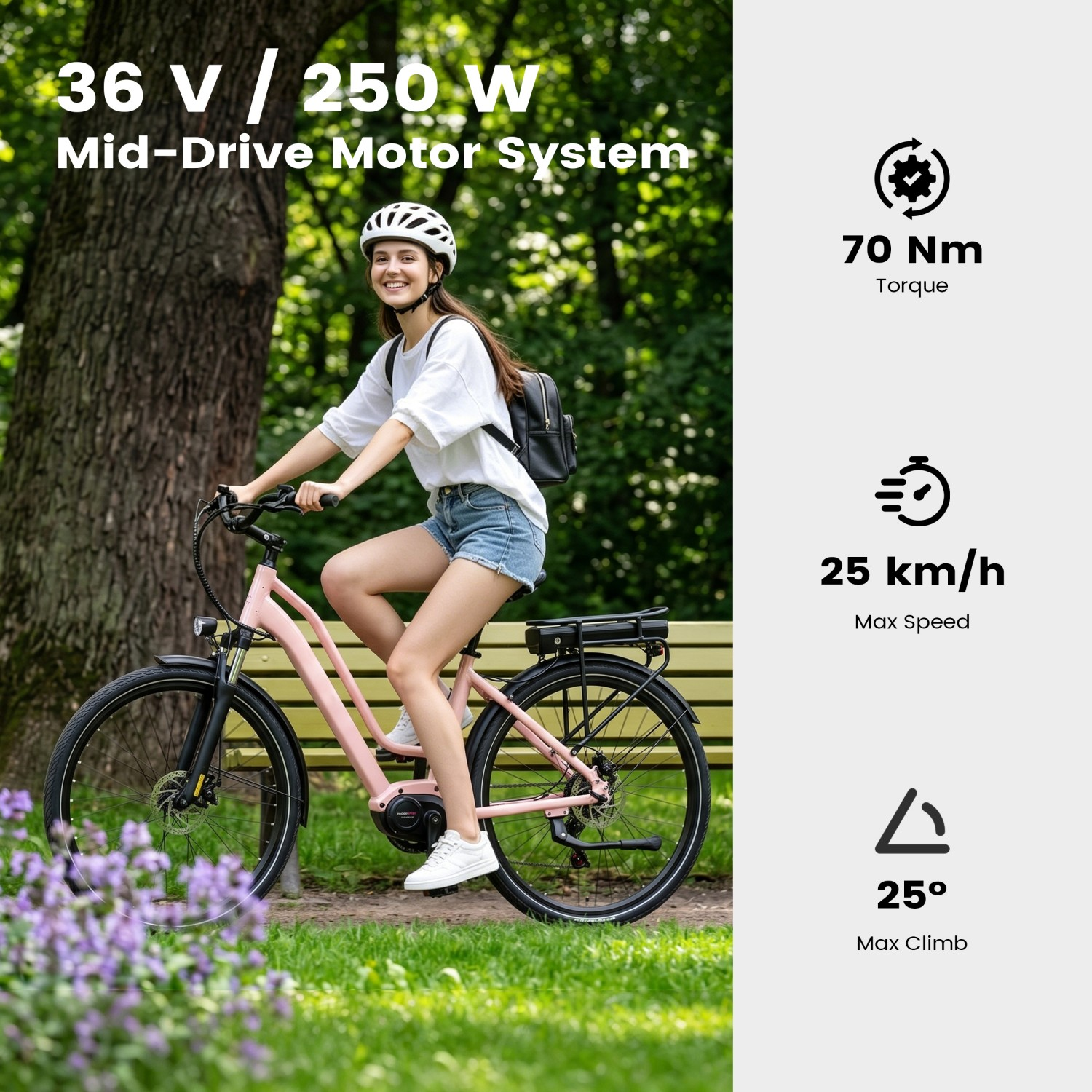 Kobieta w kasku jedzie na różowym e-rowerze w parku, obok specyfikacje.