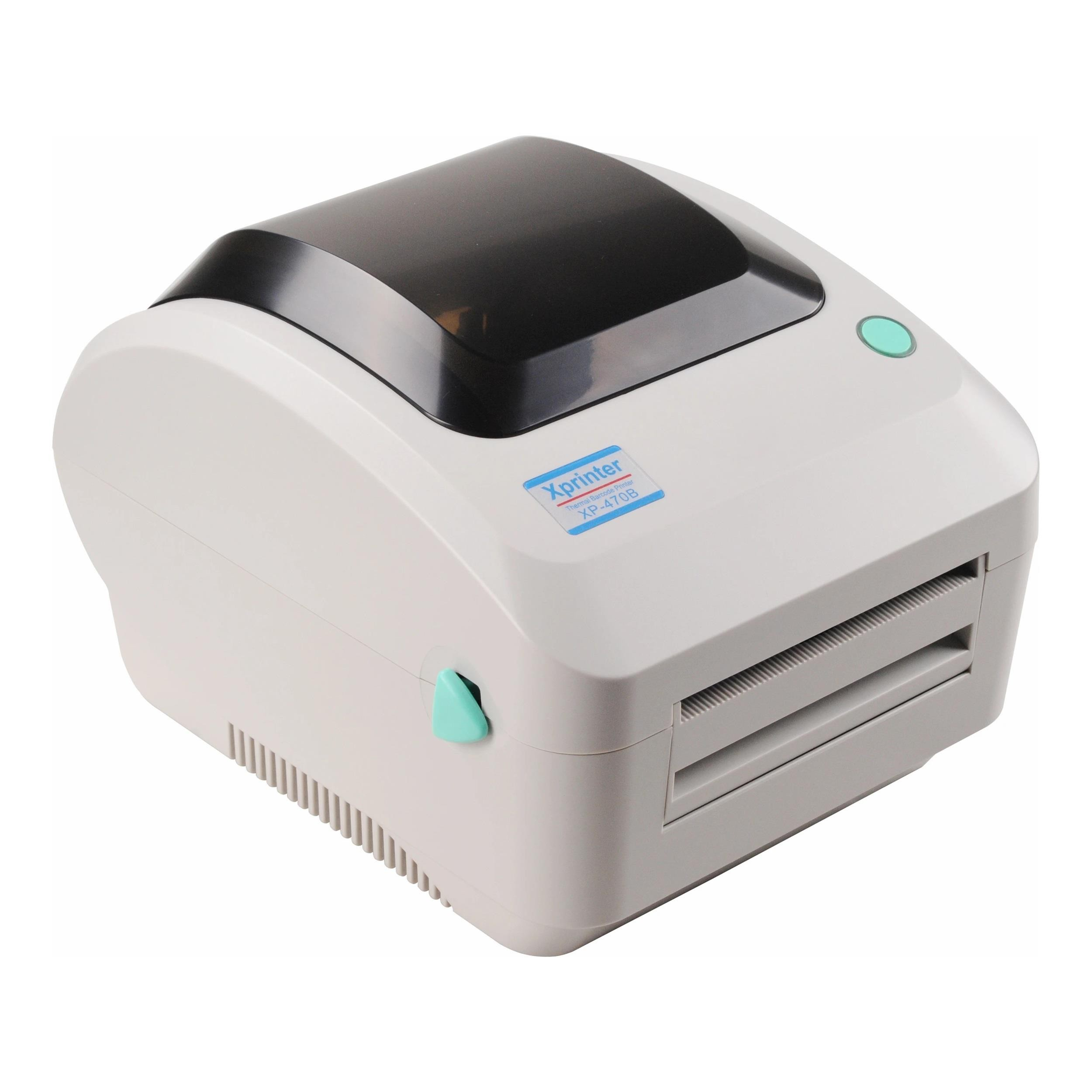 Beyaz arka planda kompakt beyaz ve siyah Xprinter XP-470B termal barkod yazıcı.