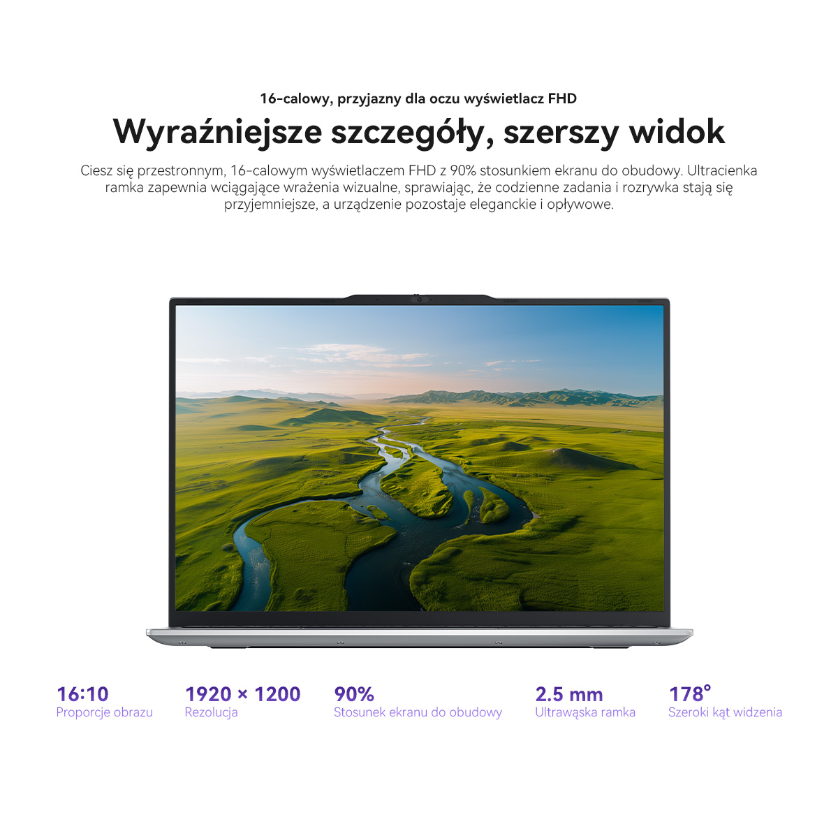 Reklama laptopa pokazująca 16-calowy ekran z tapetą krajobrazową i specyfikacją.