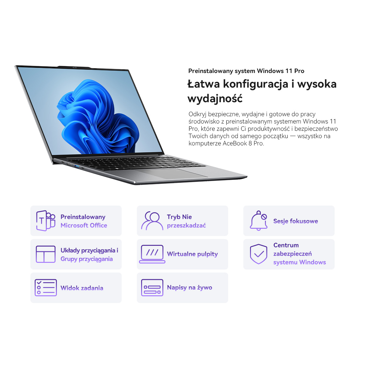 Nowoczesny laptop z systemem Windows 11 Pro i ikonami funkcji produktywności poniżej.